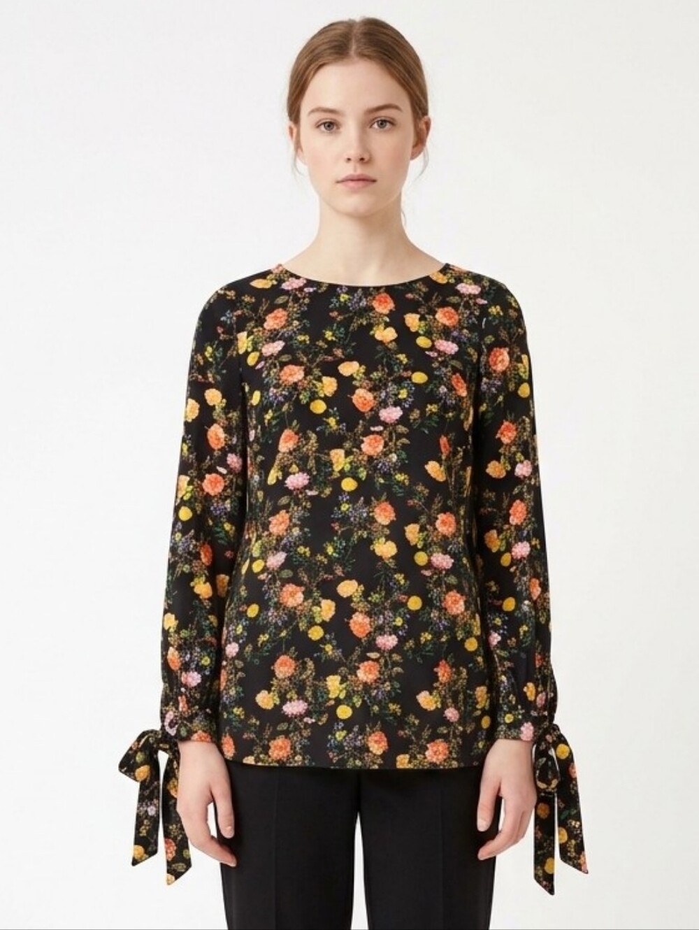 Banana Republic Black Floral Tie Sleeve Blouse Small 100% Rayon Work Casual Top